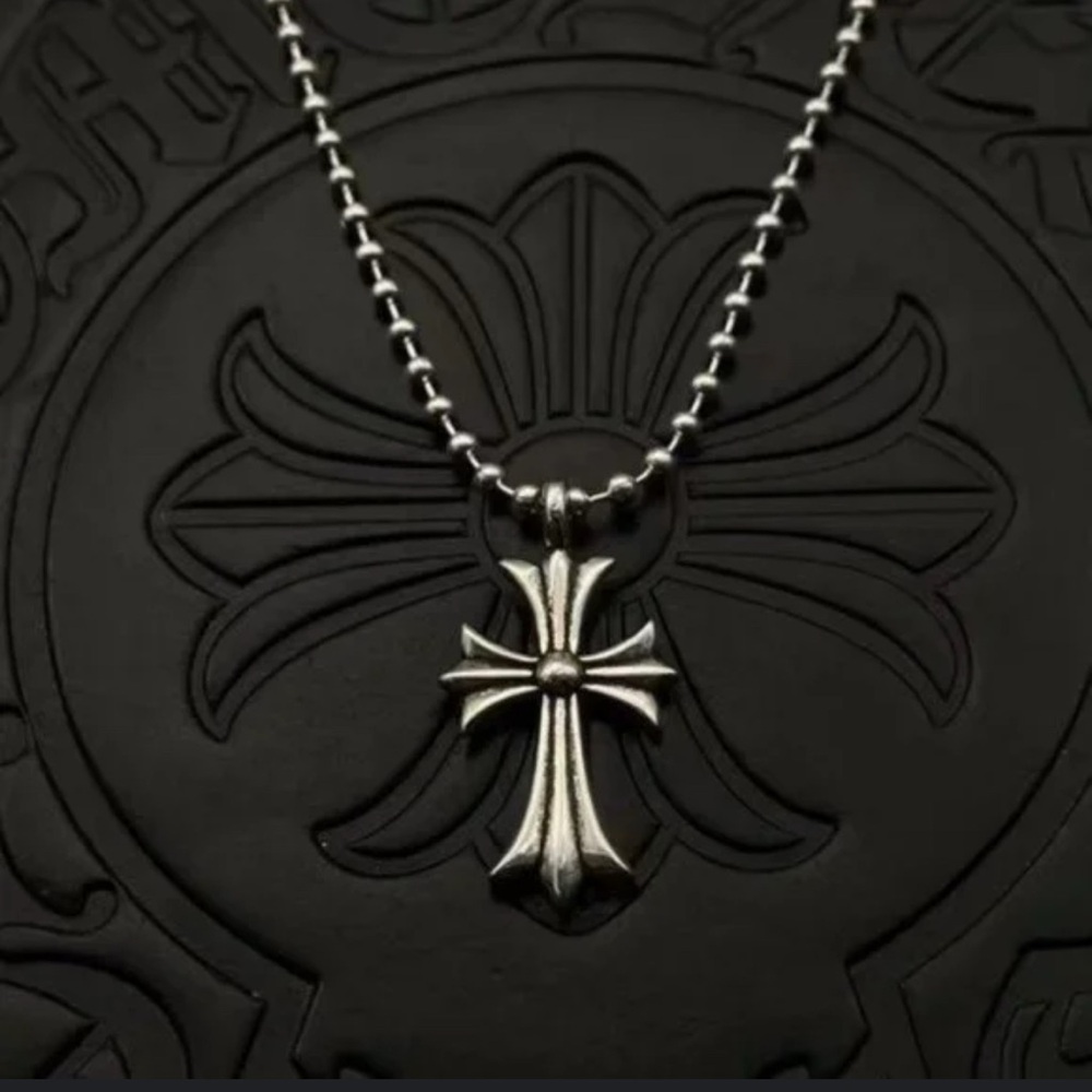 Chrome Hearts Style Silver Cross Pendant with Ball Chain Necklace
